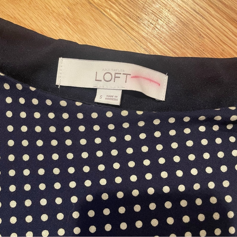 2FOR$30 Loft Navy Polkadot Stretchy Fitted Pencil Dress With Ruching - Picture 6 of 7